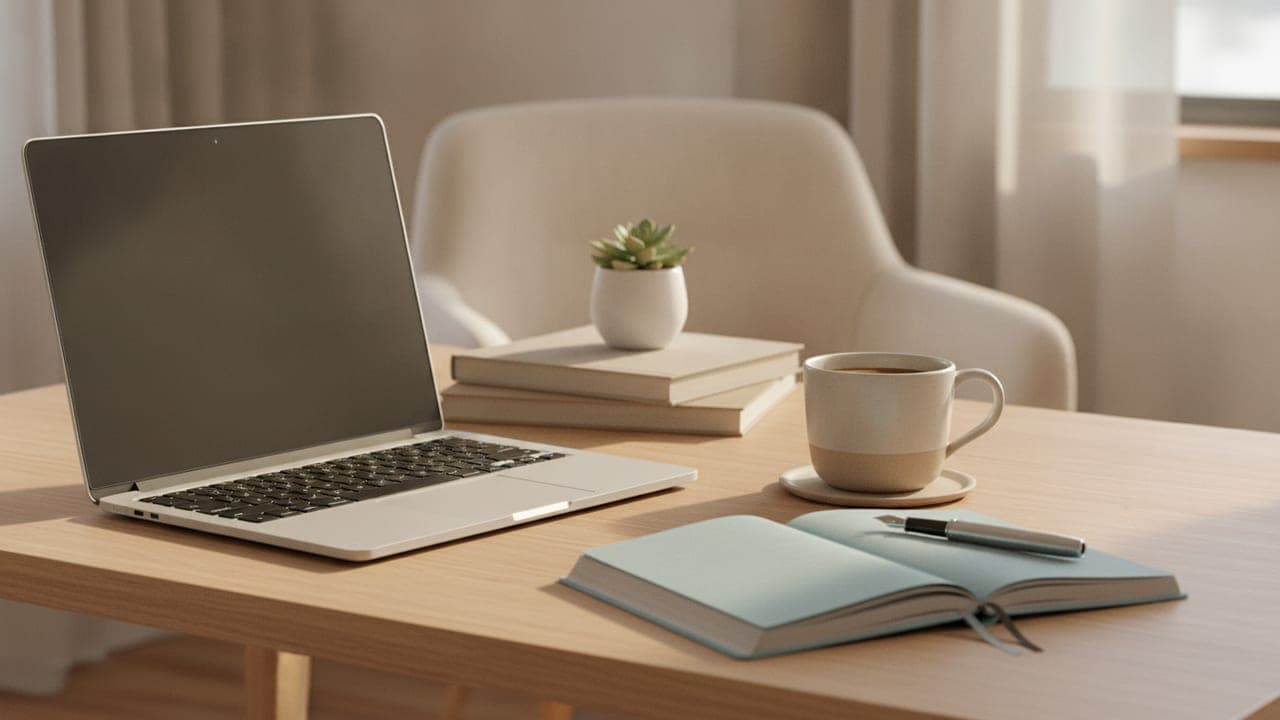 A tidy desk with a laptop, coffee cup, and notebook in warm natural light, evoking focused writing and editing work