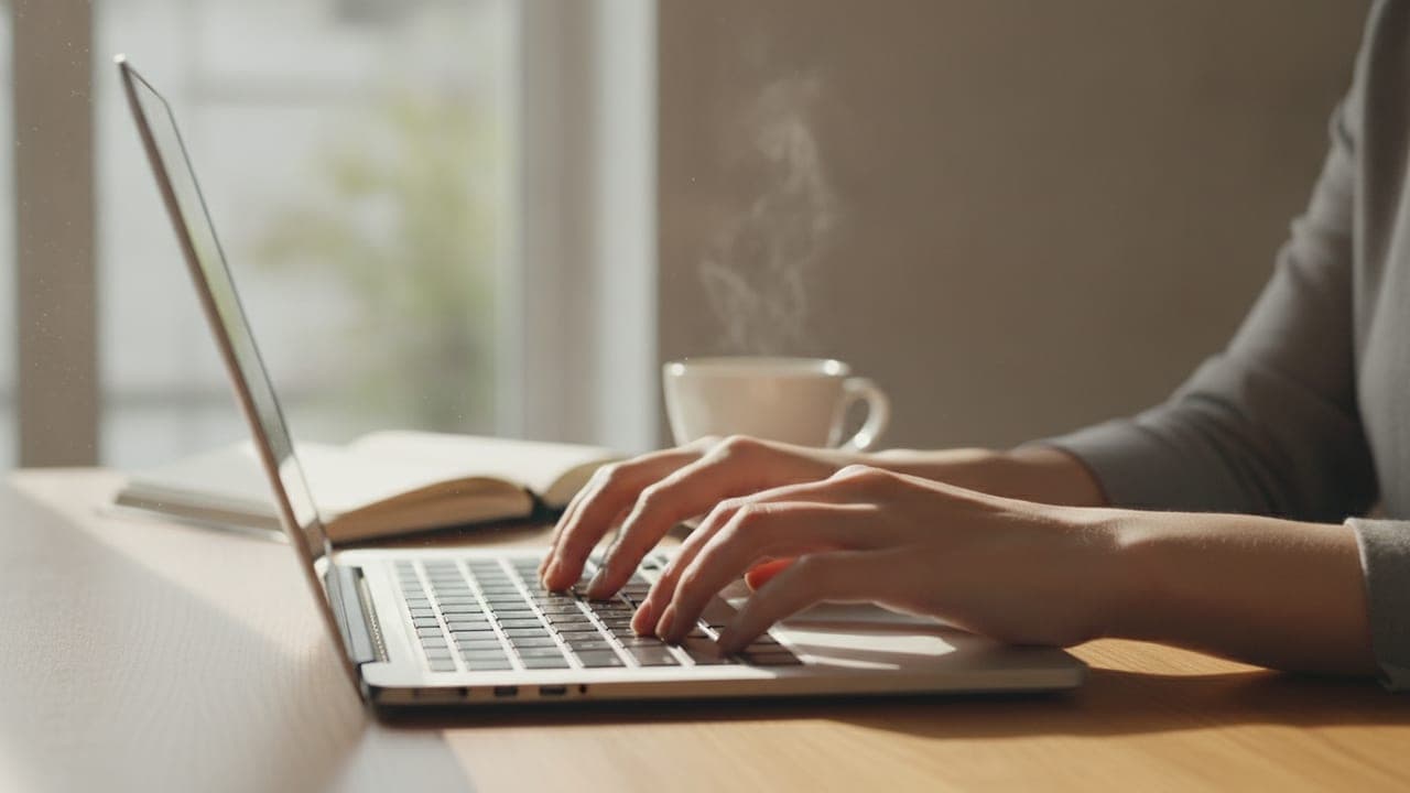 A person typing on a laptop at a sunlit wooden desk with a coffee cup and notebook softly blurred in the background