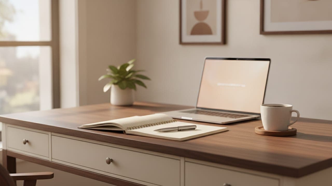 A tidy desk with an open notebook, coffee cup, and laptop in warm natural light, evoking a focused digital workspace.