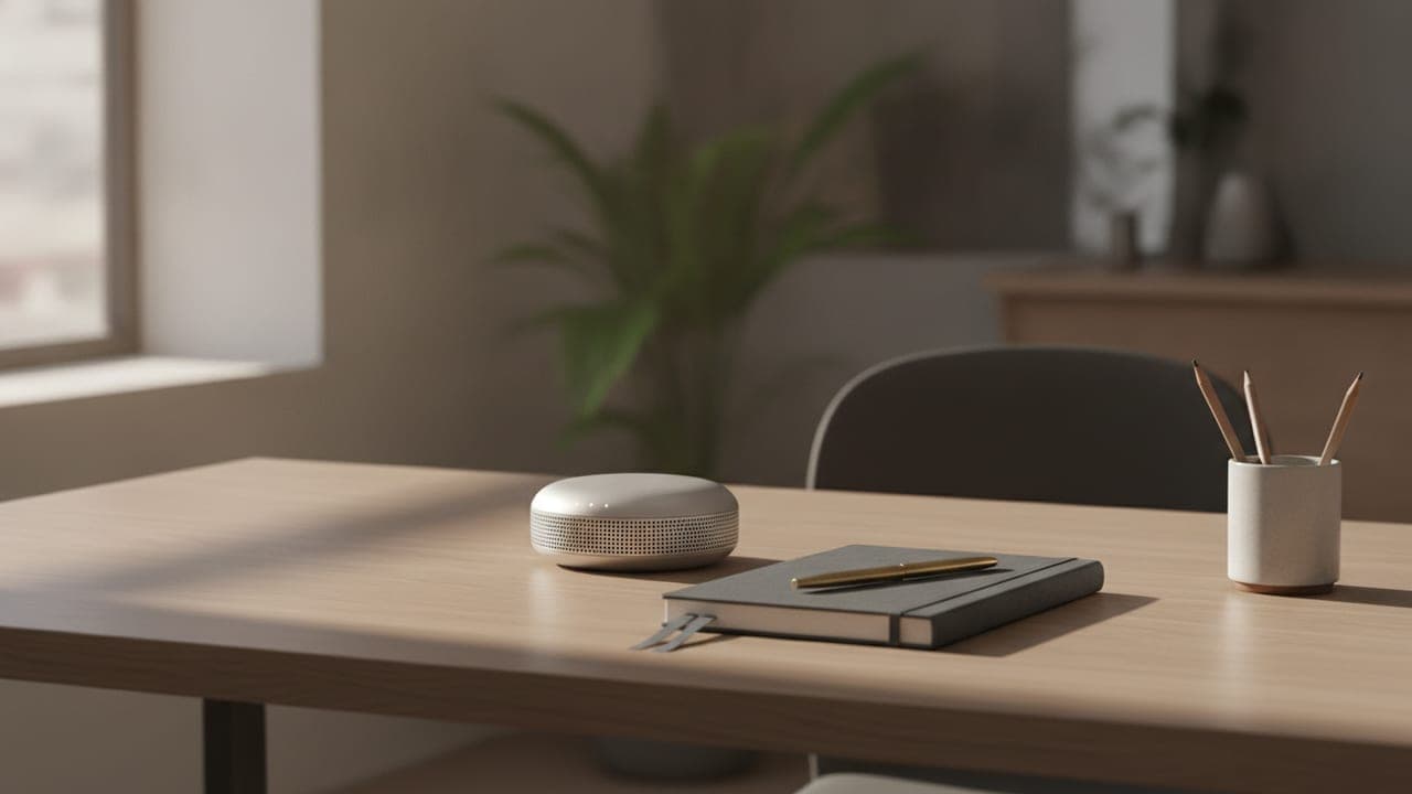 A small recording device and closed notebook on a warmly lit office desk, shot with shallow depth of field.