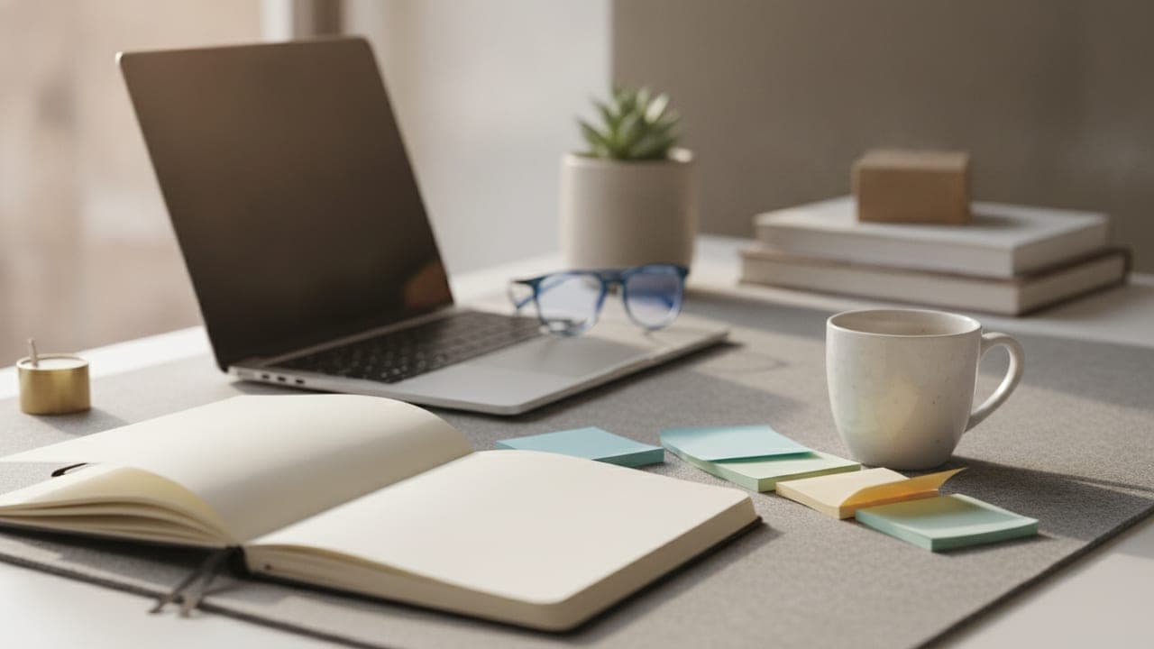 A marketer's desk with a notebook, coffee, and laptop in warm natural light