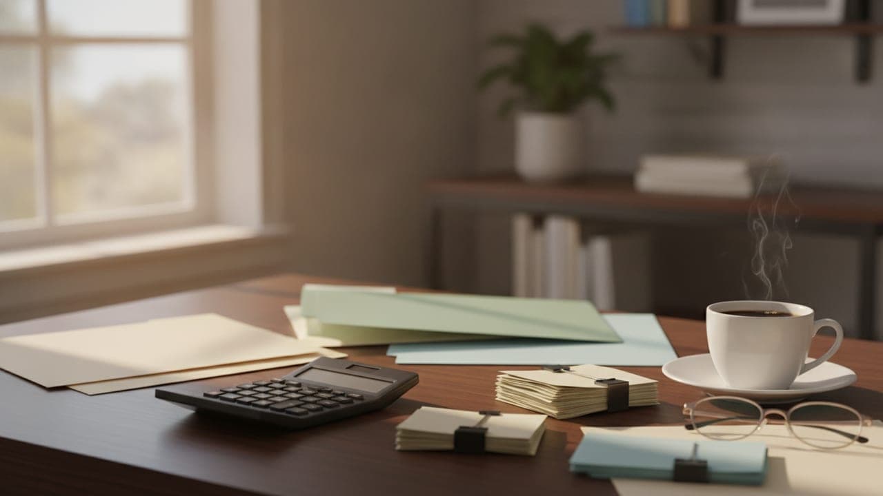 A tidy accountant's desk with paper receipts, a calculator, and a coffee cup in warm natural light