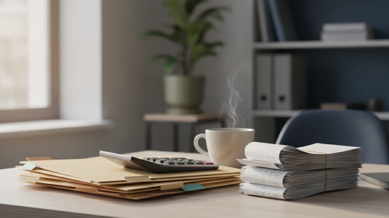 A tidy desk with receipts, folders, and a calculator lit by warm natural light, evoking month-end close work.
