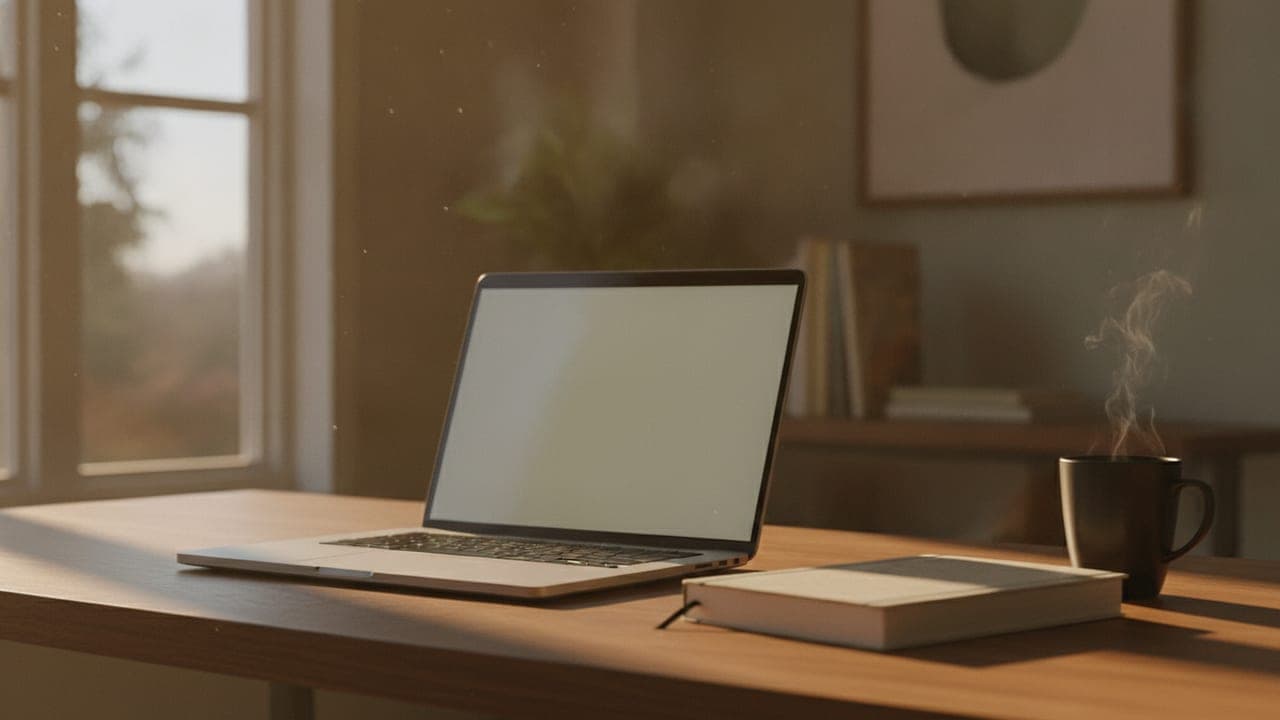A freelancer's sunlit home office desk with a laptop, notebook, and coffee cup, shot with a shallow depth of field