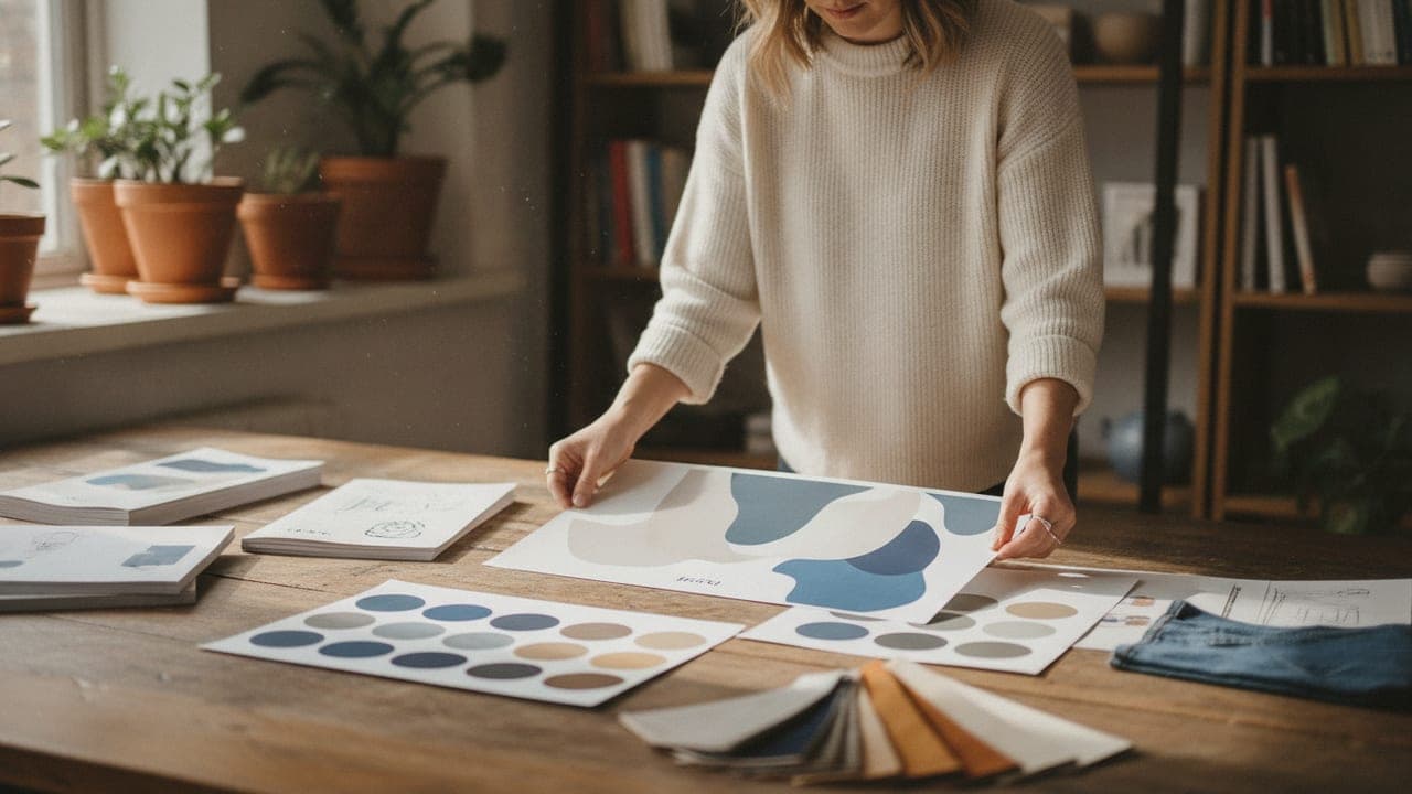 A marketer reviewing printed campaign mockups and color swatches at a sunlit desk