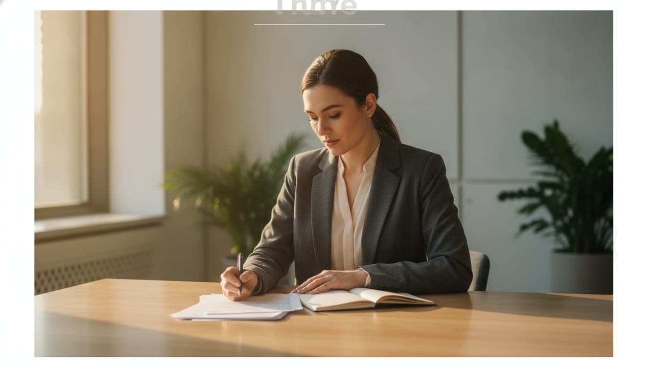 A recruiter at a sunlit desk reviewing paper resumes and a notebook.