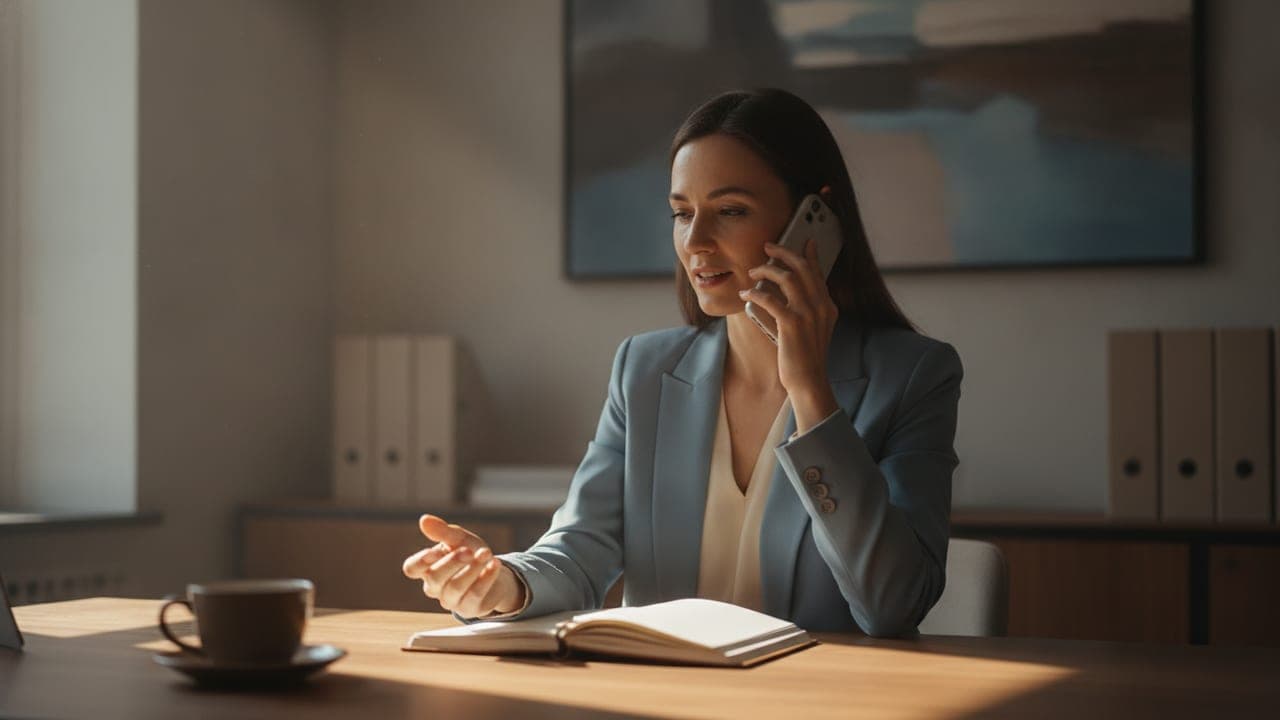 A salesperson at a desk on a phone call, warm natural light, notebook and coffee cup blurred in the foreground