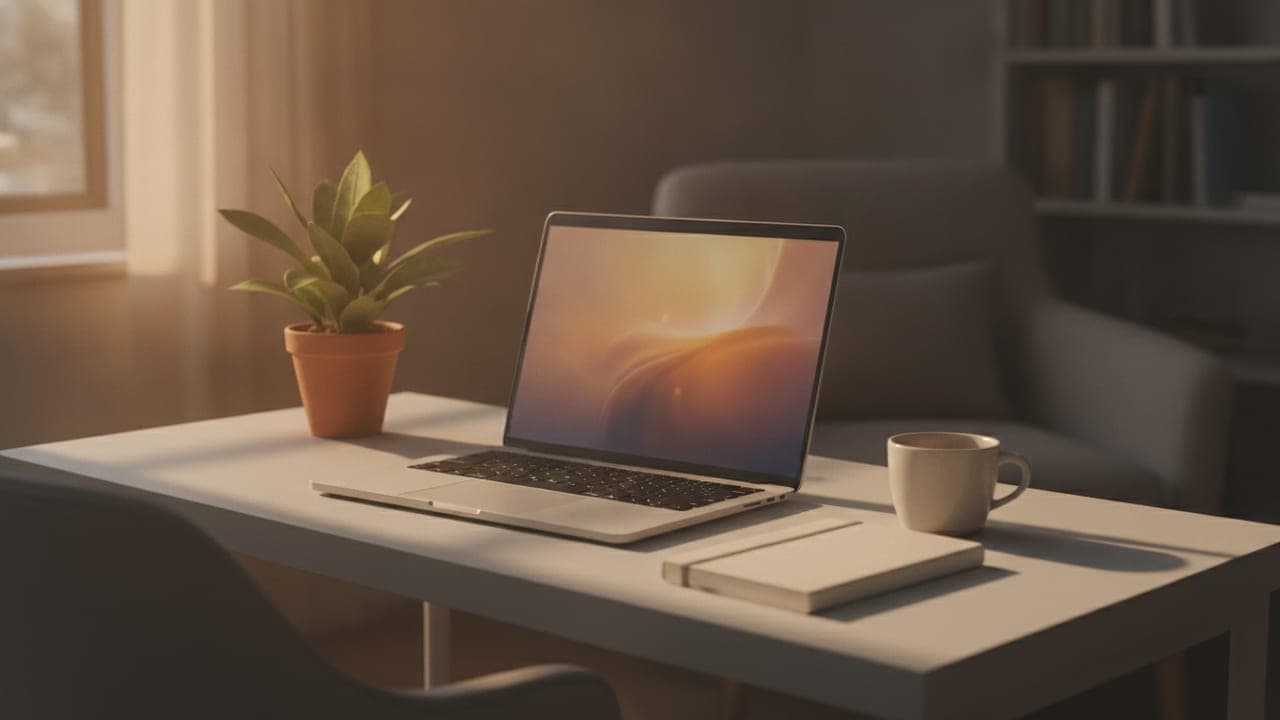 A tidy home office desk with a laptop, notebook, and coffee cup in warm natural light