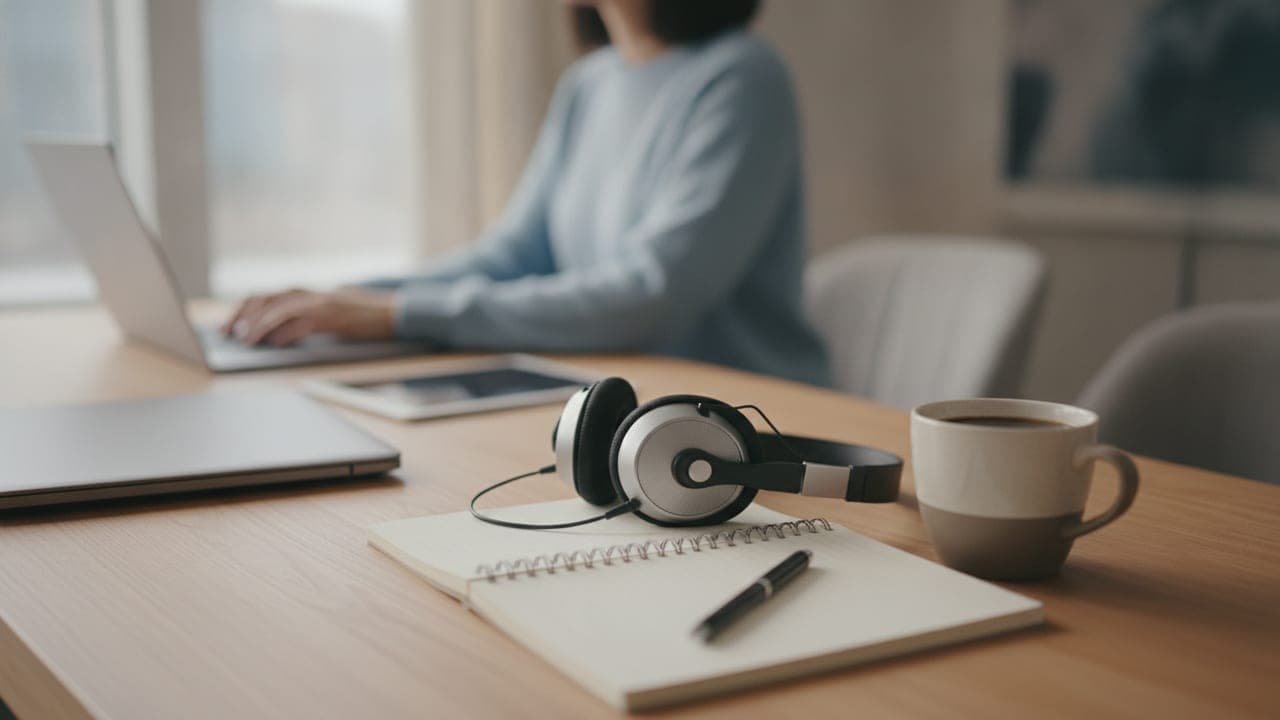 A softly lit support-desk workspace with a headset, notebook, and coffee cup, photographed with shallow depth of field in muted professional tones.