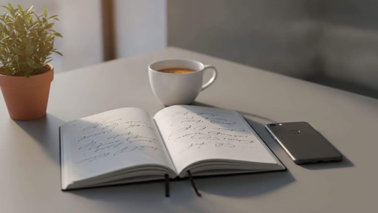 A tidy desk with a notebook, coffee cup, and phone in warm natural light, evoking an organized workday
