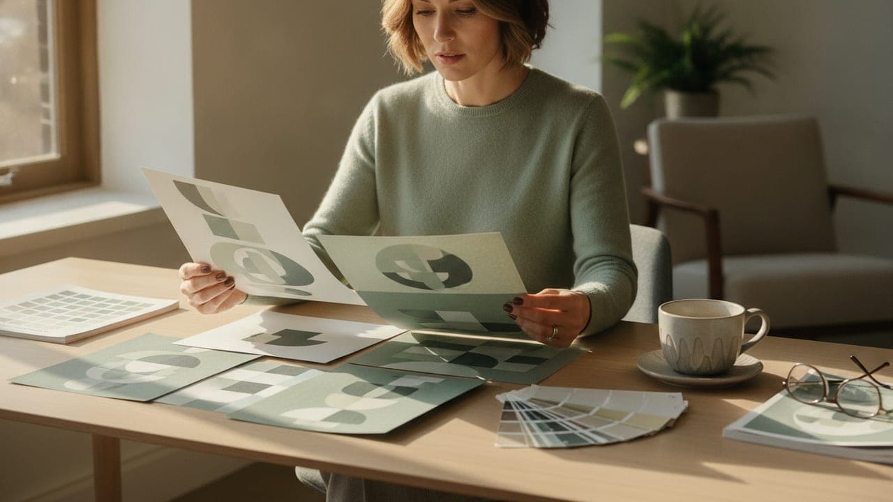 A marketer reviewing printed campaign mockups and color swatches at a sunlit desk