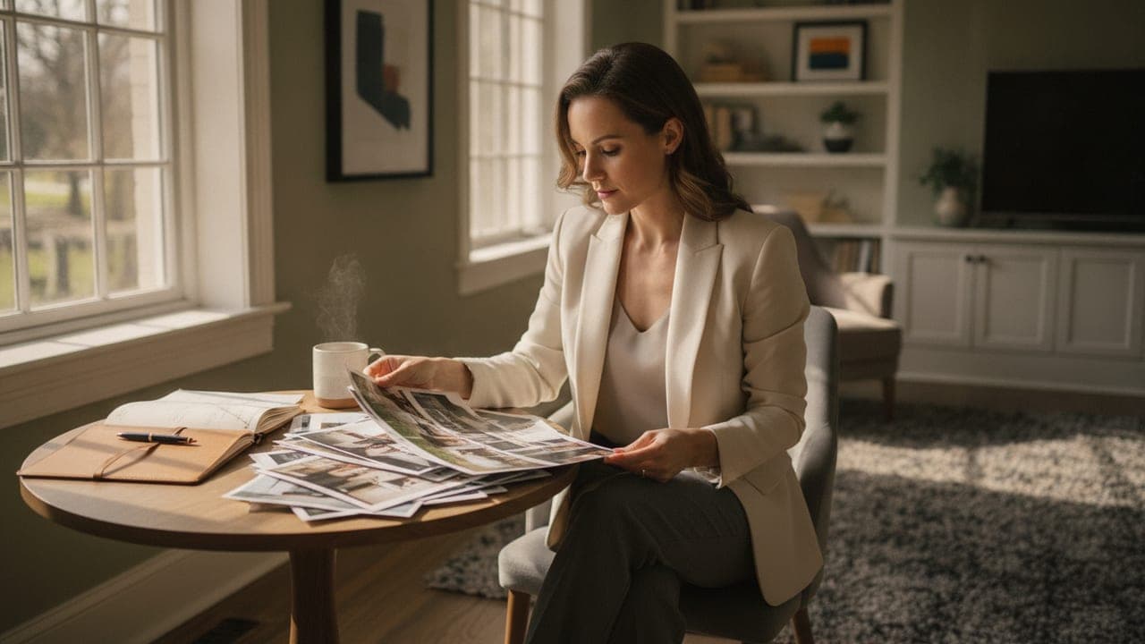 A real estate agent reviewing printed property photos and notes at a sunlit desk