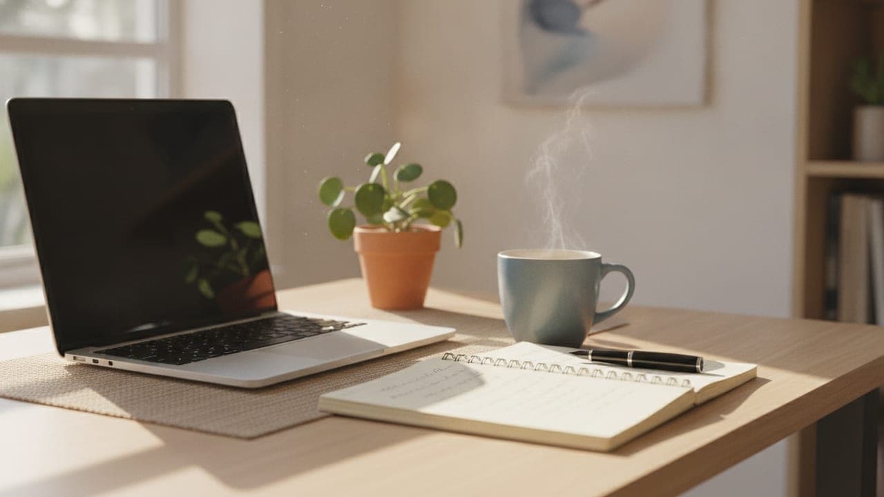 A tidy desk with a laptop angled away from view, an open notebook, and a coffee cup, lit by warm natural window light.
