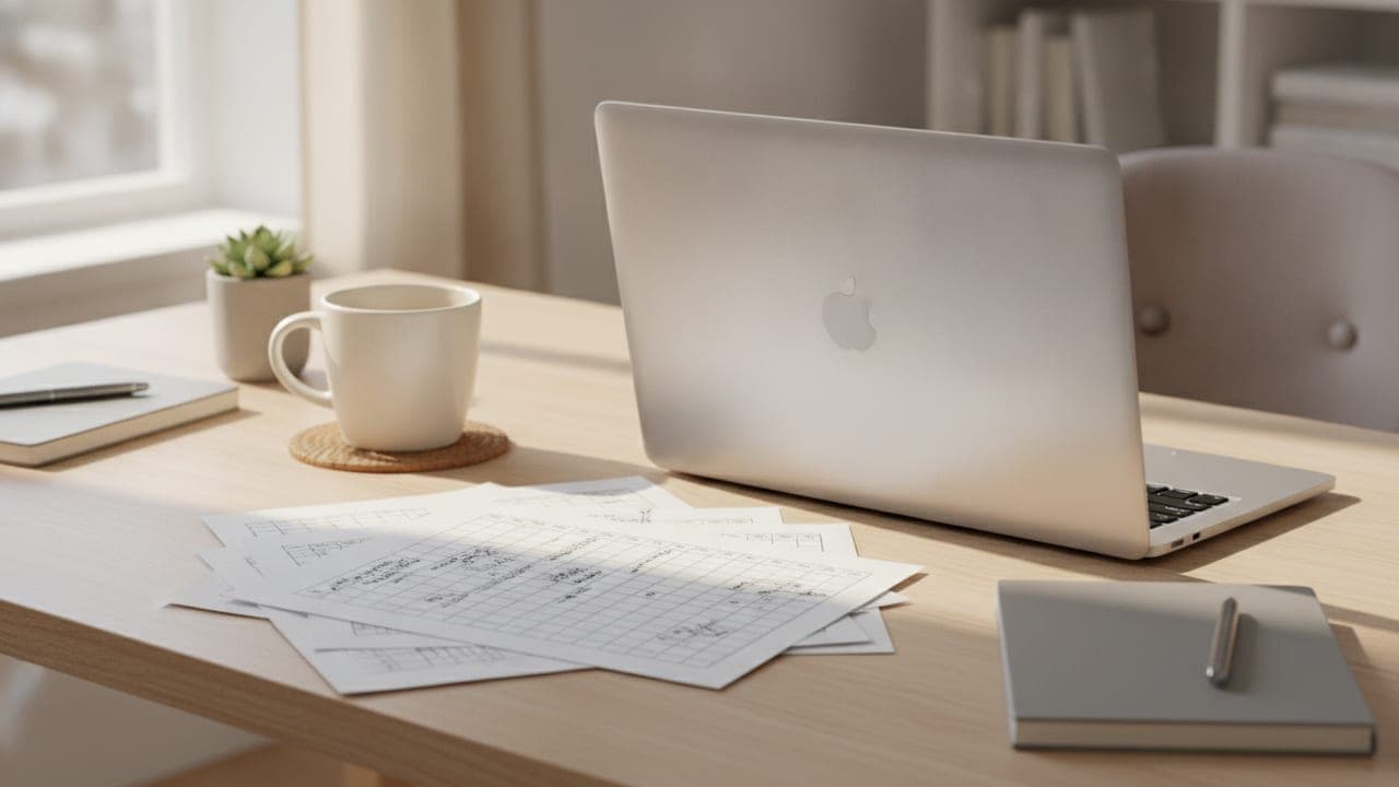 A tidy desk with printed survey notes, a coffee mug, and a laptop in warm natural light