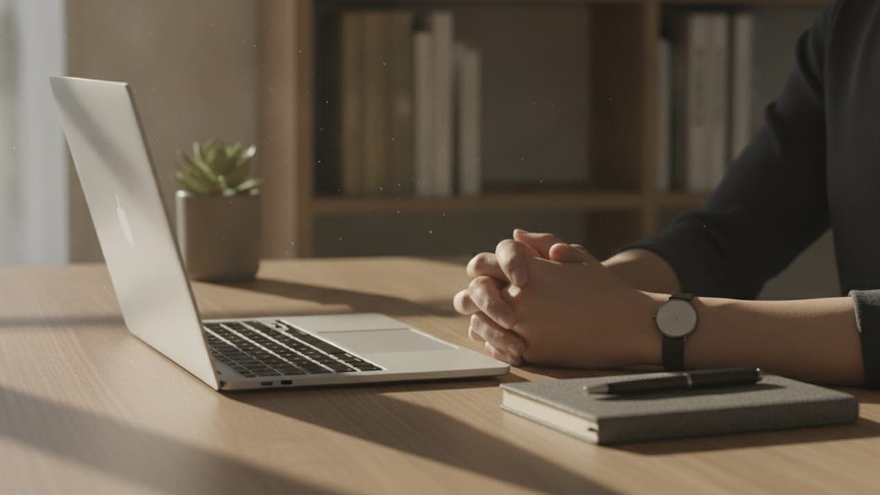 A calm, sunlit desk scene with a notebook and closed laptop, suggesting a clear morning routine.