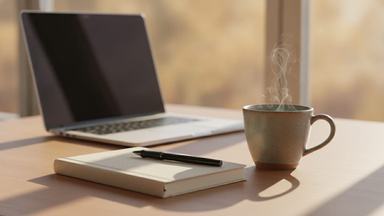 A tidy desk with a notebook and coffee cup in warm morning light, laptop blurred in the background