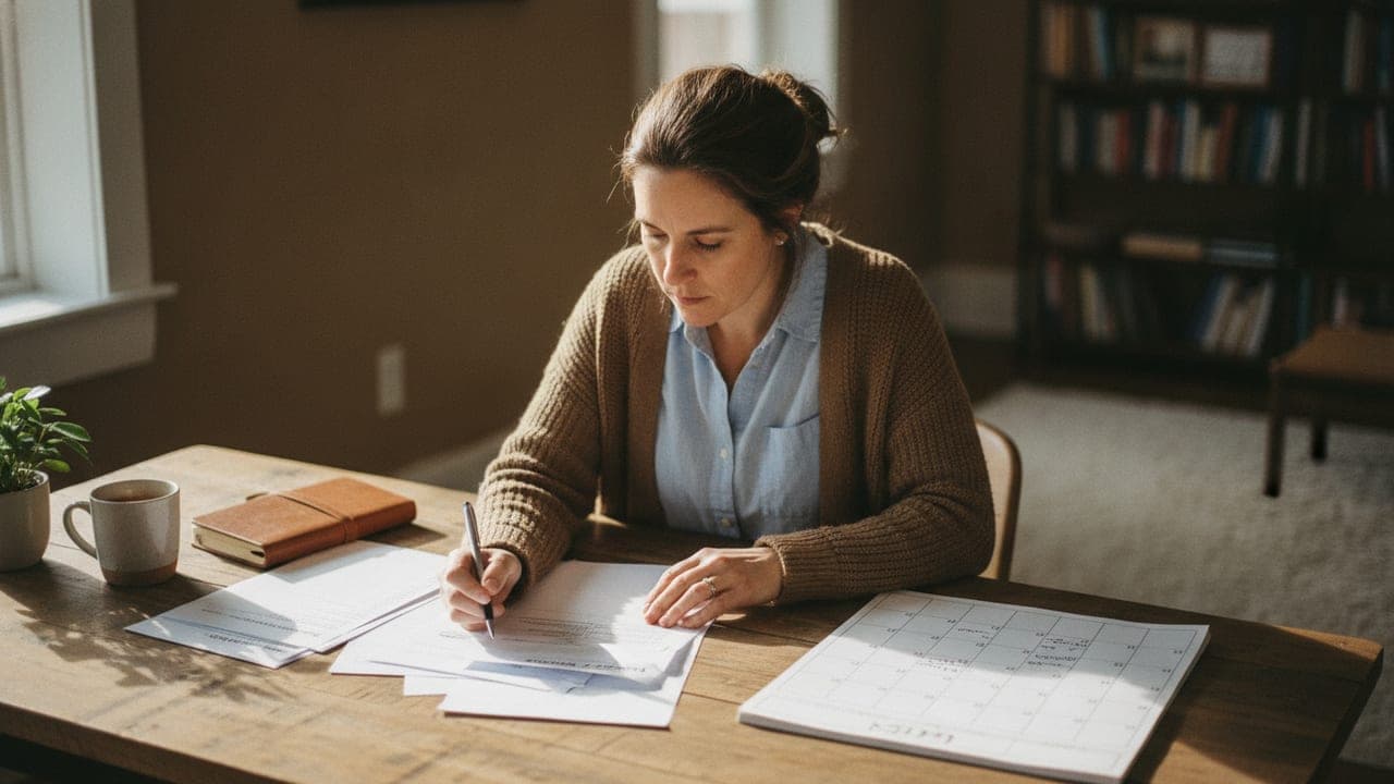 A small business owner reviewing paper invoices and a calendar at a sunlit wooden desk.