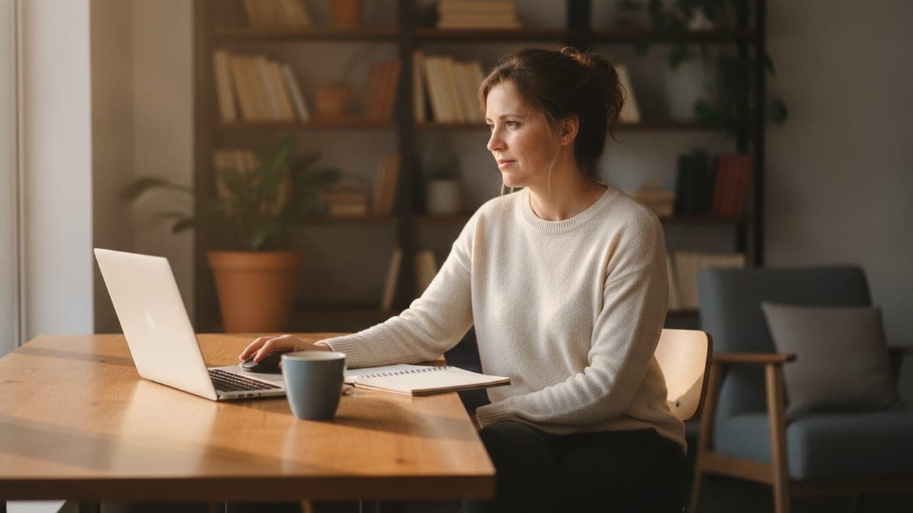 A small business owner working at a sunlit desk with a laptop, notebook, and coffee cup, captured in soft natural light