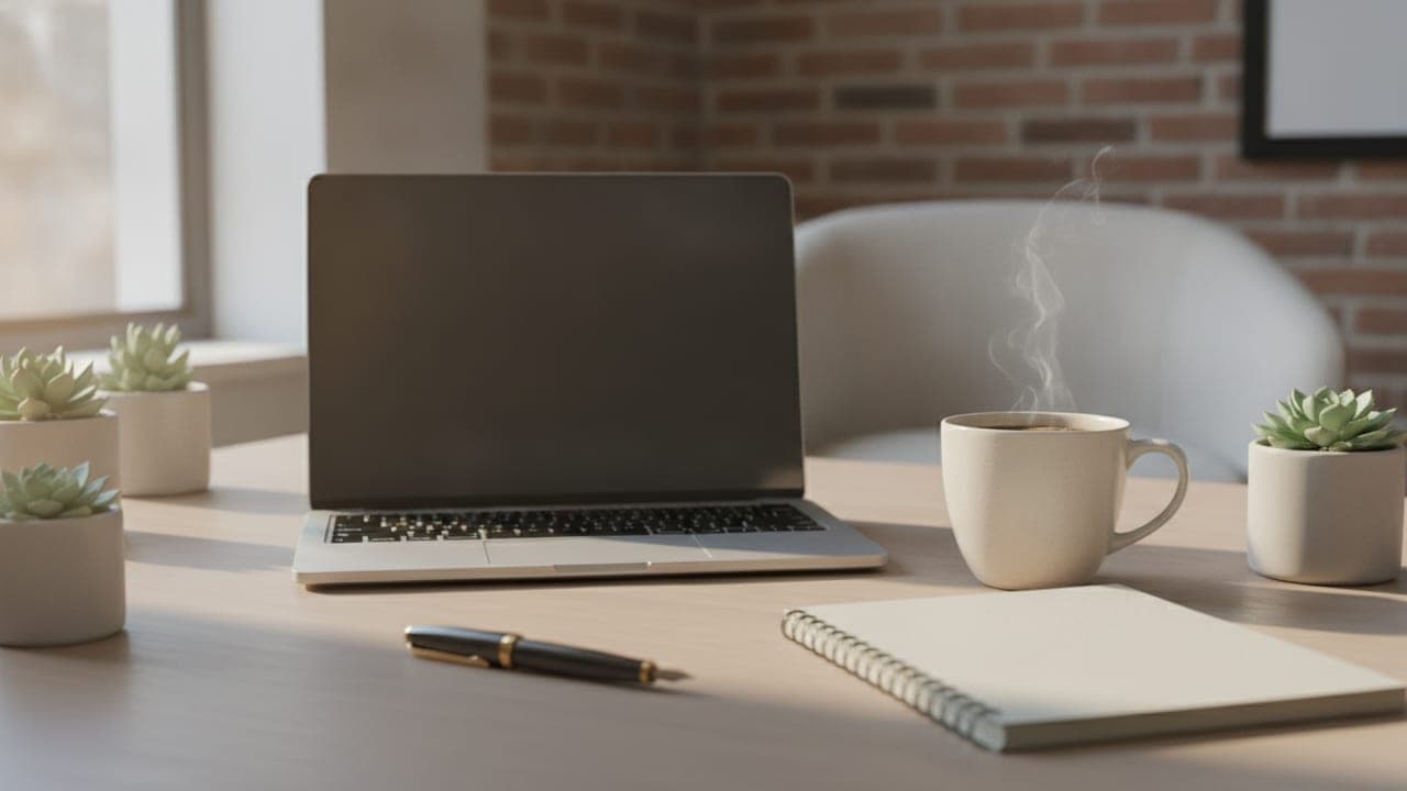 A sunlit desk with a laptop, coffee cup, and notebook, evoking focused writing work
