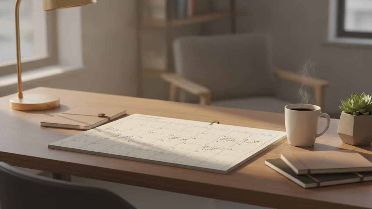 A tidy desk with an open paper calendar, coffee cup, and small plant in warm natural light
