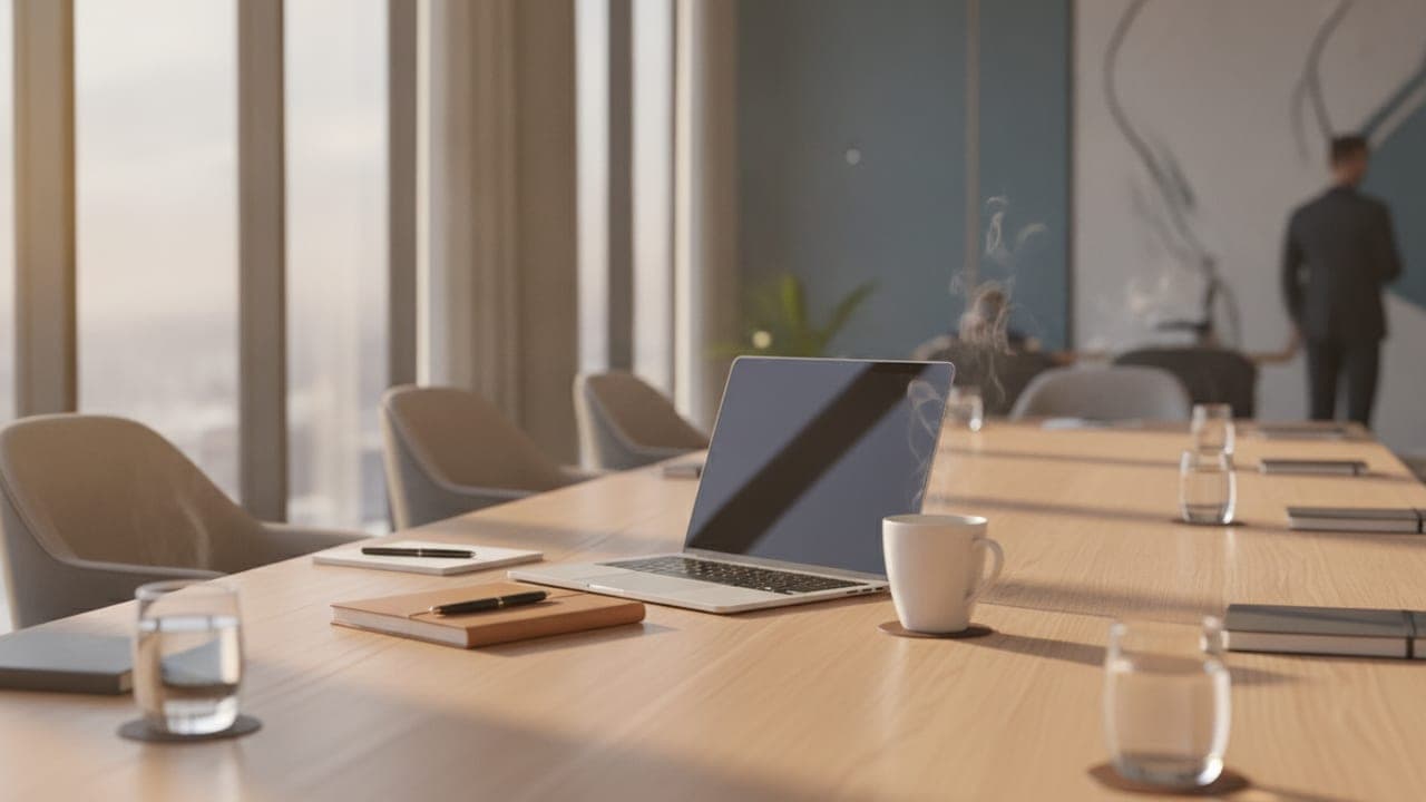A softly lit conference room table with a laptop, notebook, and coffee cup during a meeting, shot with shallow depth of field