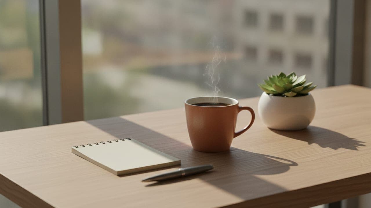 A tidy desk with a notebook, pen, and coffee cup in warm natural light, evoking calm daily task planning.