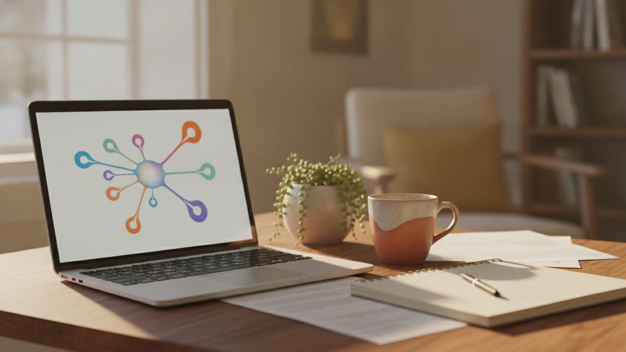 A small business owner's desk with a laptop displaying abstract connected workflow shapes, warm natural light