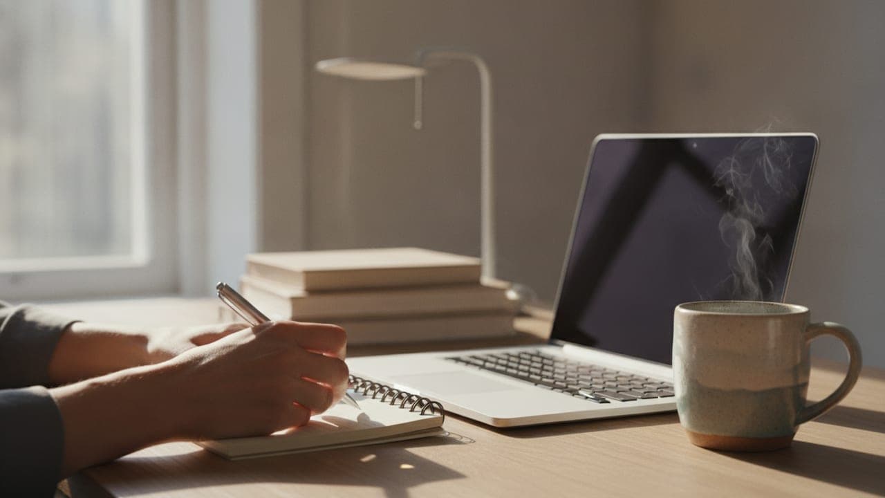 A person taking handwritten notes at a tidy desk beside a laptop, warm morning light, shallow depth of field