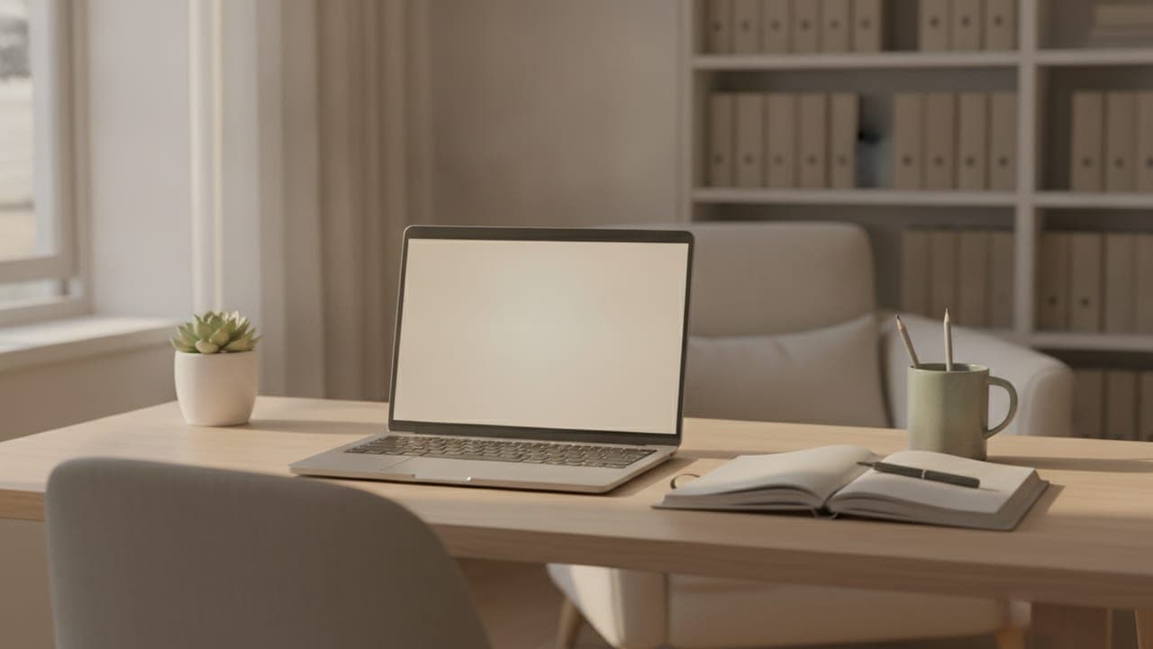 A laptop and notebook on a sunlit desk, evoking a quiet work-from-home meeting setup