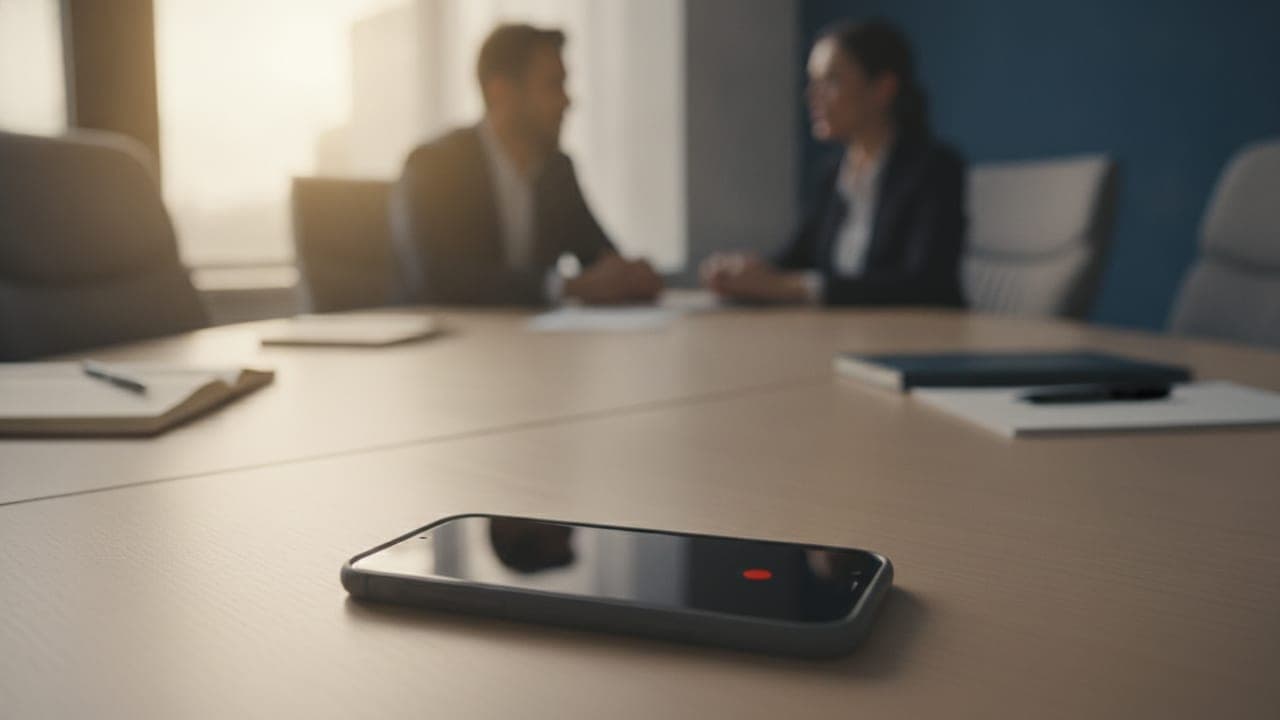 A smartphone recording on a conference table during a meeting, with two colleagues talking softly out of focus in the background.