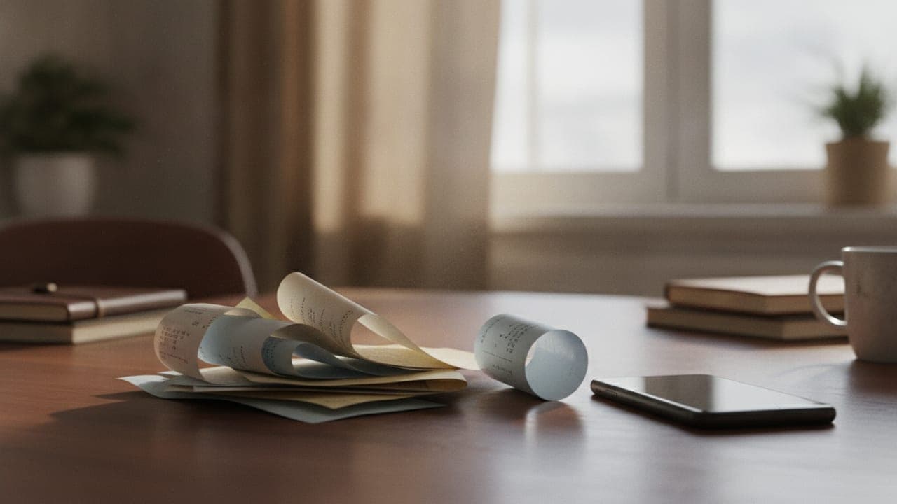 A small stack of paper receipts beside a smartphone on a wooden desk in warm natural light