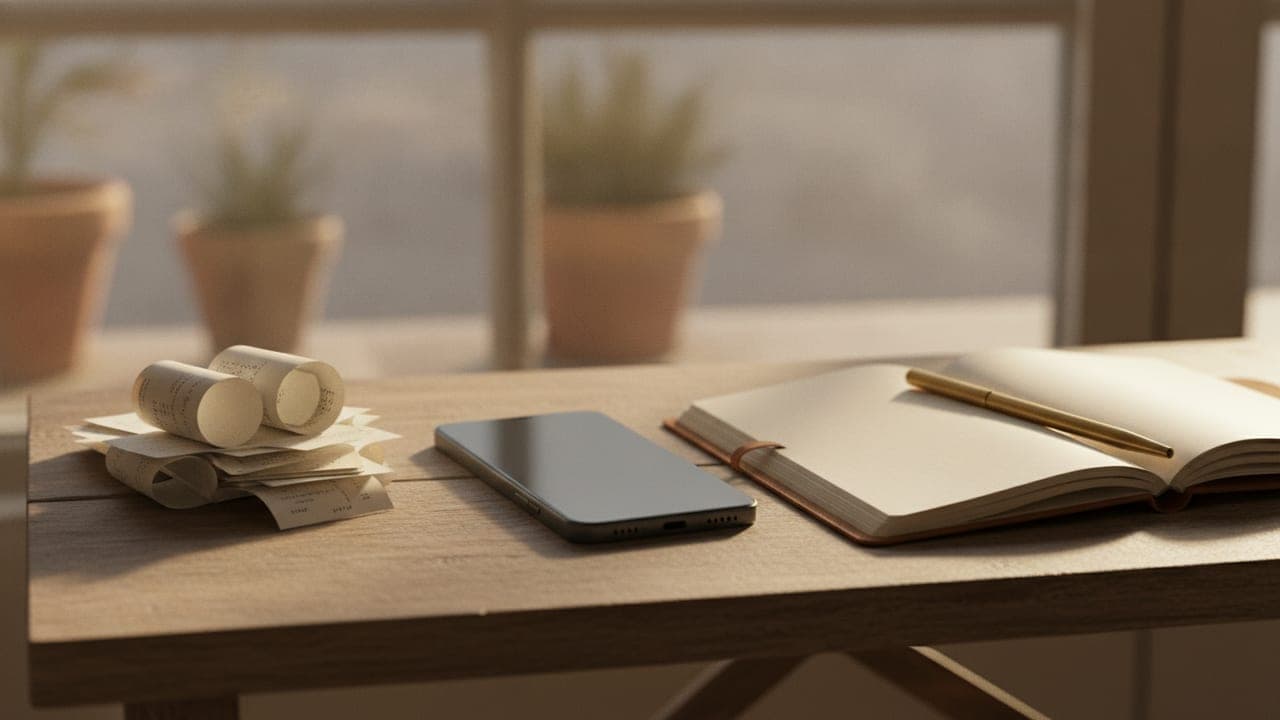 A tidy desk scene with a stack of paper receipts, a smartphone, and a notebook in warm natural light.