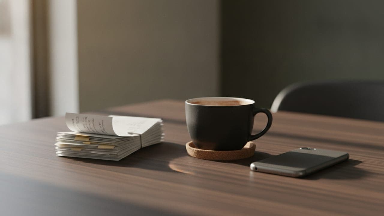 A small stack of paper receipts on a wooden desk beside a coffee cup and a smartphone, in warm natural light.