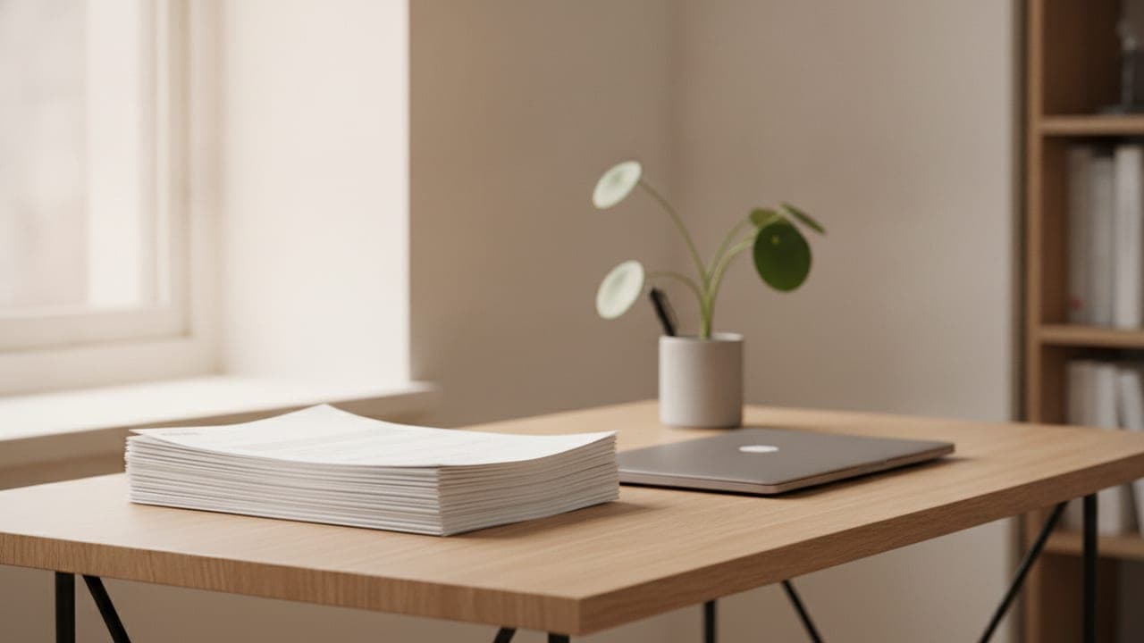 A tidy stack of paper invoices on a wooden desk beside a closed laptop, lit by warm natural window light.
