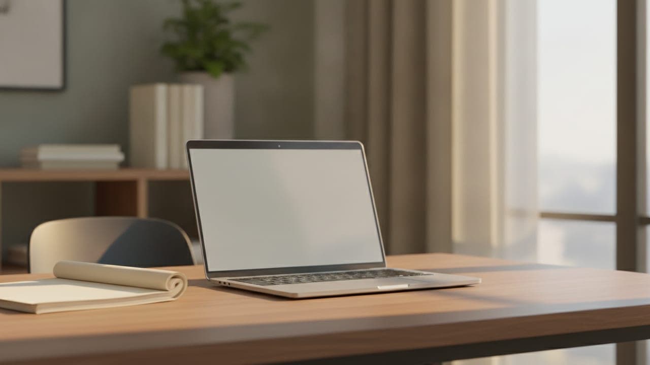 A laptop with a softly glowing blank screen on a tidy desk in warm natural light, papers stacked nearby, evoking a quiet moment of working with an AI tool