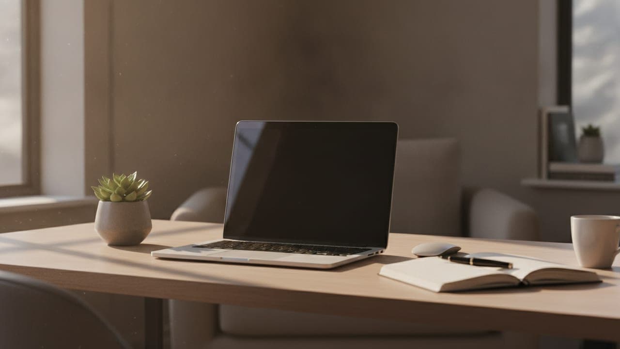 A tidy home office desk in warm natural light with a laptop, notebook, and small plant, shallow depth of field