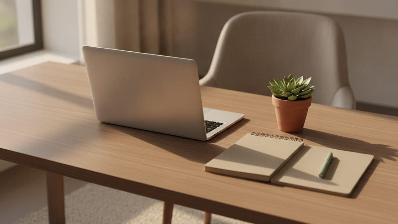 A tidy home office desk in warm natural light with a laptop, notebook, and small plant, shot with shallow depth of field