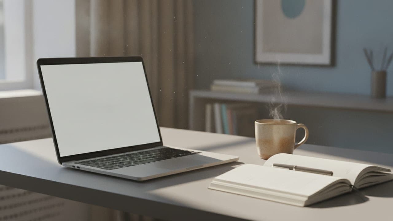 A tidy home office desk with a laptop, notebook, and coffee mug in soft morning light