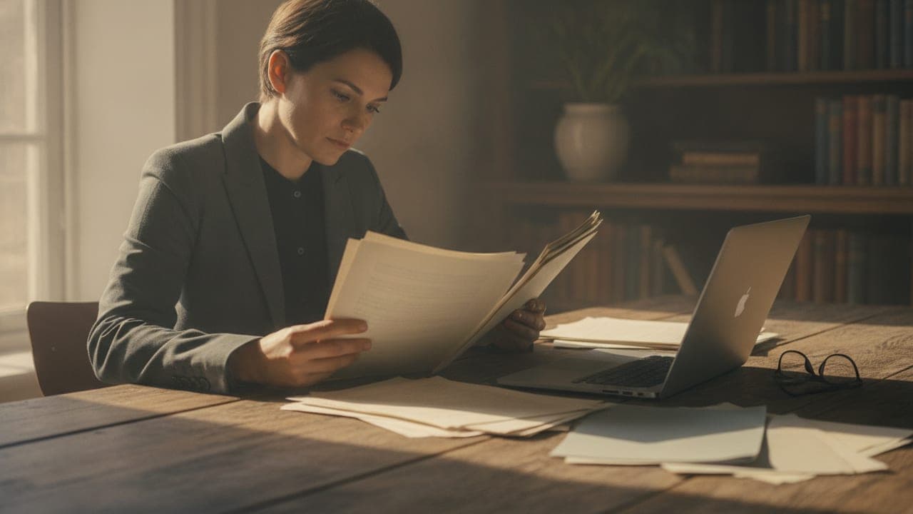 A person cross-checking printed documents against a laptop at a sunlit desk, symbolizing fact-checking AI output.