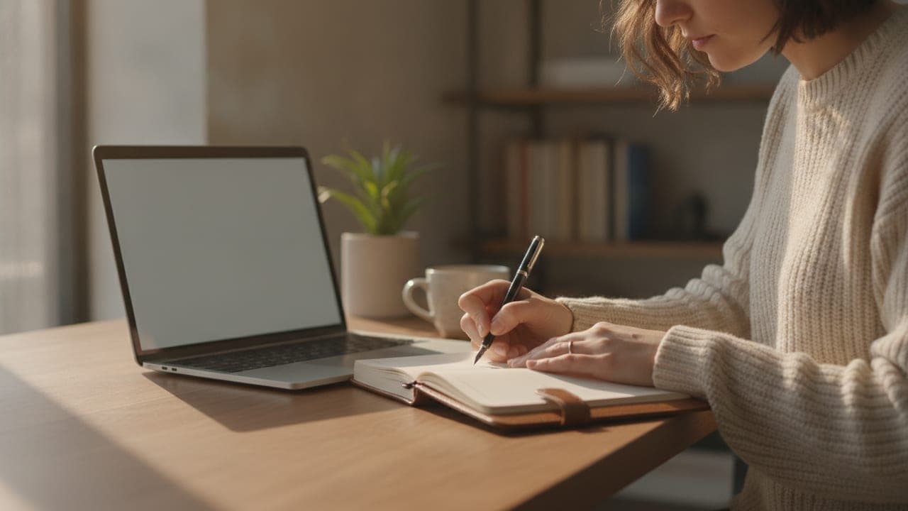 A person writing notes at a desk beside an open laptop in warm natural light, representing the process of thinking through a clear request.