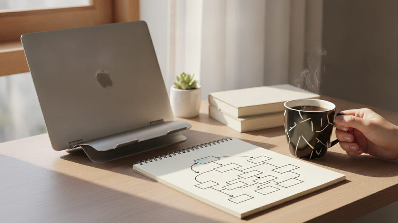 A notebook with a hand-drawn flowchart sits on a desk beside a closed laptop and a cup of coffee, lit by warm window light.