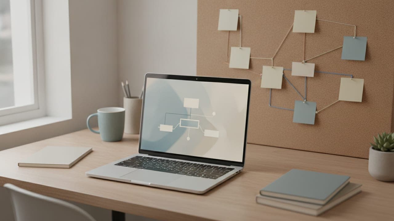 Overhead view of a small office desk with a laptop and a corkboard showing connected sticky notes, in warm natural light